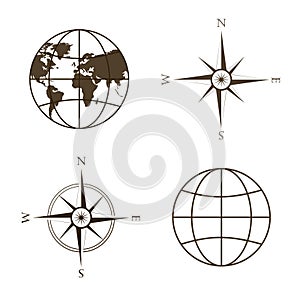 Vector illustration of globe, wind rose, compass.