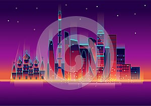 Vector illustration of glowing Moscow city neon skyline reflecting in the river at night.