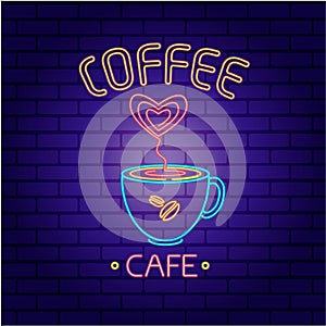 Vector illustration. Glowing neon sign for outdoor cafe advertising.