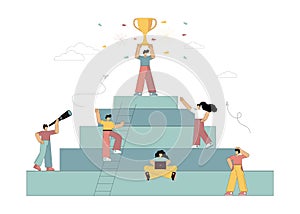 Vector illustration. Goal. Victory. Achievement of the goal. Little people move up the career steps.