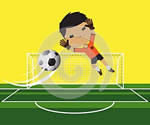 Vector illustration of a goalkeeper Boy trying catching the ball on football gate