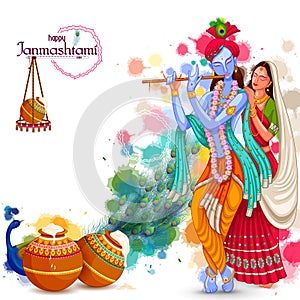 God Krishna playing flute with Radha on Happy Janmashtami festival background of India photo