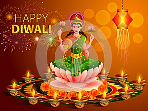 Goddess Lakshmi with decorated diya for Happy Dhanteras Diwali festival holiday celebration of India greeting background photo