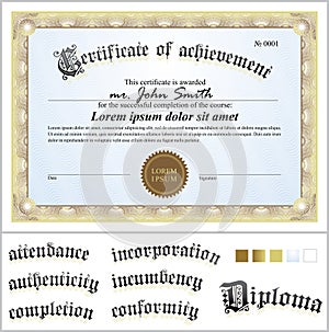 Vector illustration of gold certificate. Template.