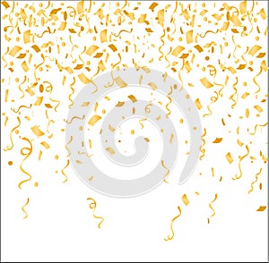 Vector illustration gold confetti on white background. Birthday celebrate concept, falling golden decoration photo