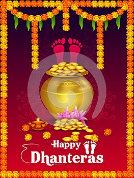 Gold Kalash with decorated diya for Happy Dhanteras Diwali festival holiday celebration of India greeting background photo