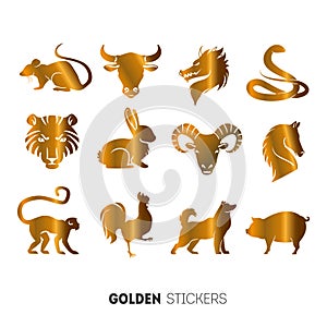 Vector illustration of golden Animal horoscope year stickers, flash temporary tattoo