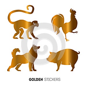 Vector illustration of golden Animal horoscope year stickers, flash temporary tattoo