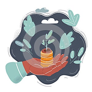 Vector illustration of Golden coins in soil with young plant in human hand. Money growth concept on dark background.