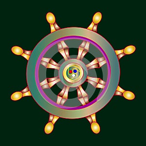 Vector illustration golden Dharma wheel. Buddhism symbol. Dharmachakra.