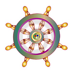 Vector illustration golden Dharma wheel. Buddhism symbol. Dharmachakra.