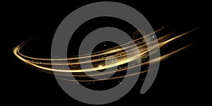 Vector illustration of golden dynamick lights linze effect isolated on black color background. Abstract background for photo