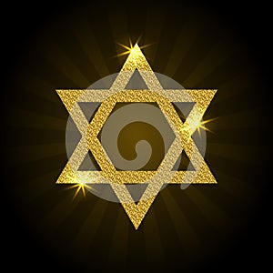 Vector illustration of golden Magen David with rays and sparkle. photo