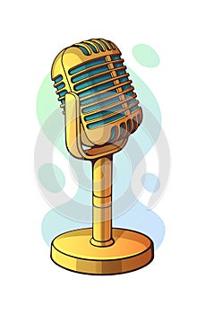 Vector illustration. Golden retro microphone for music, sound, voice, speak, radio recording. Jazz, blues, rock vintage mic.