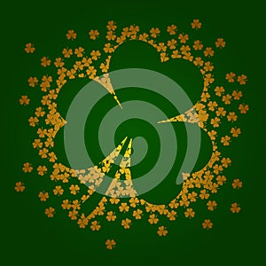 Vector illustration with golden shamrocks on green background
