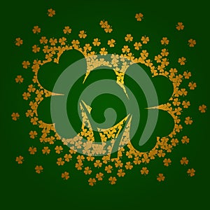 Vector illustration with golden shamrocks on green background