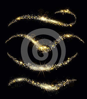 Vector illustration of golden sparkles, sparkling confetti waves, golden sand, glittering star dust trail. Golden fairy