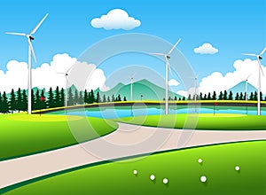 Windmills on a golf course,