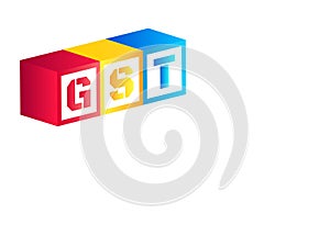Vector illustration of Goods and Services Tax or GST with red, yellow and blue color dice or cubes on white background with copy s