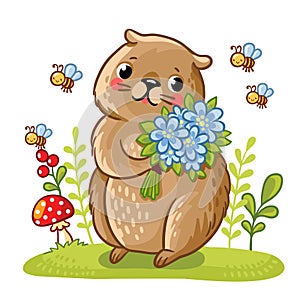 Vector illustration of a gopher and bees.
