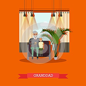 Vector illustration of granddad with his grandson sitting on sofa