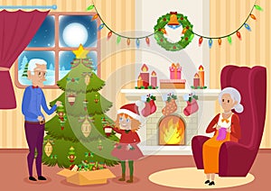 Vector illustration of granddaughter and grandfather decorating Christmas tree while grandmother knitting. Christmas eve