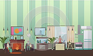 Vector illustration of grandparents, mother and children in flat style