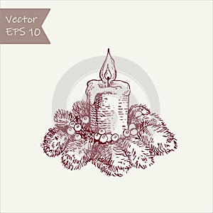 Vector illustration. graphic drawing candles and holly berries and leaves. sketch freehand pen and ink