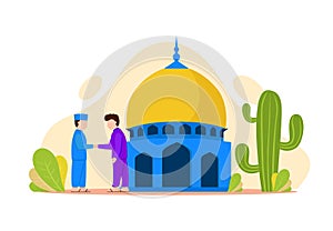 Vector illustration graphic of eid mubarak with Muslim Couple at the Mosque. Perfect for ramadan posters, ui, ux