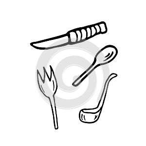 Vector illustration gravure cutlery fork, spoon and knife ladle. Black on white background