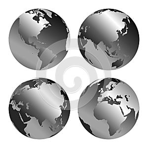 Vector Illustration of gray globe icons with different continents set