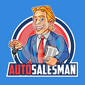 Greedy Auto Salesman Holding Car Key Mascot Logo