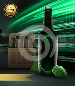 Vector illustration of green beer bottle and hops with packing and gold ribbon with reward on city background
