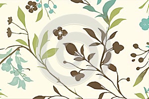 Vector illustration of green blue brown twigs with leaves background wallpaper pattern