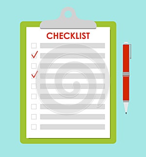 Vector illustration of green clipboard with red check marks and pen. To-do list, survey, exam concept, checklist in flat