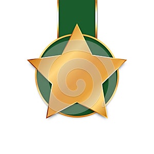 Vector illustration of green colored award ribbon medal with gold star banner on white background