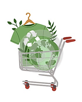 Vector illustration of green recycling t-shirt, Reuse, Reduce, Recycle symbol, Earth planet globe in shopping cart. Slow