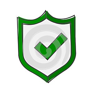 Vector illustration of green shield with tick and cross. Symbol of protection and reliability cartoon style on white isolated