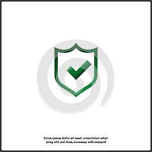 Vector illustration of green shield with tick and cross. Symbol of protection and reliability on white isolated