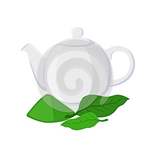 Vector illustration of green tea - asian drink. Teapot, leaves of matcha tea, teakettle photo