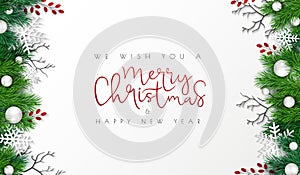 Vector illustration of greeting banner template with hand lettering label - merry Christmas - with realistic fir-tree