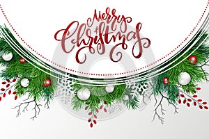 Vector illustration of greeting banner template with hand lettering label - merry Christmas - with realistic fir-tree