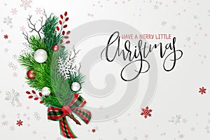 Vector illustration of greeting banner template with hand lettering label - merry Christmas - with realistic fir-tree