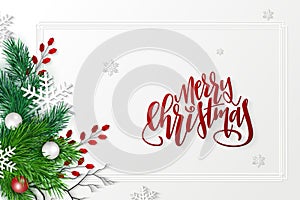 Vector illustration of greeting banner template with hand lettering label - merry Christmas - with realistic fir-tree