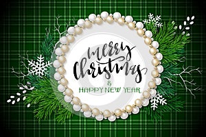 Vector illustration of greeting banner template with hand lettering label - merry Christmas - with realistic fir-tree