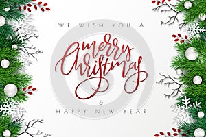 Vector illustration of greeting banner template with hand lettering label - merry Christmas - with realistic fir-tree