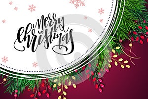 Vector illustration of greeting banner template with hand lettering label - merry Christmas - with realistic fir-tree