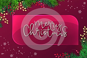 Vector illustration of greeting banner template with hand lettering label - merry Christmas - with a realistic glass