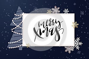 Vector illustration of greeting banner template with hand lettering label - merry xmas - with fir-tree, realistic beads