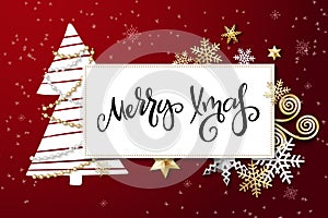 Vector illustration of greeting banner template with hand lettering label - merry xmas - with fir-tree, sparkles, and